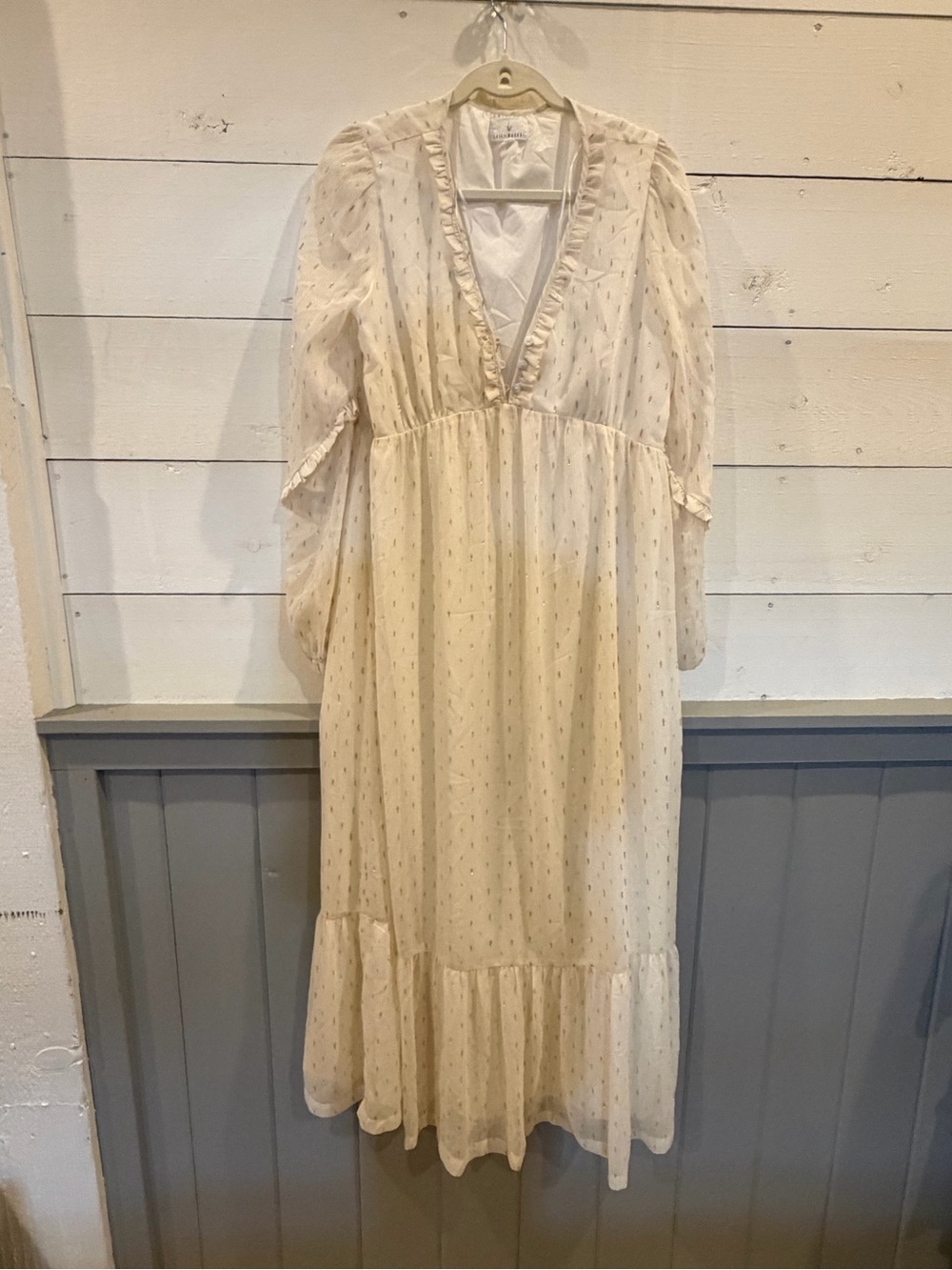 Lost + Wander Small Ivory Metallic Ruffle Maxi Dress